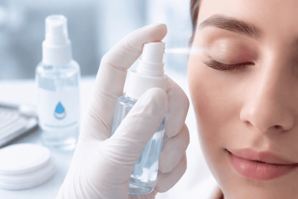 Hypochlorous acid eyelid hygiene spray โ close-up of periocular application